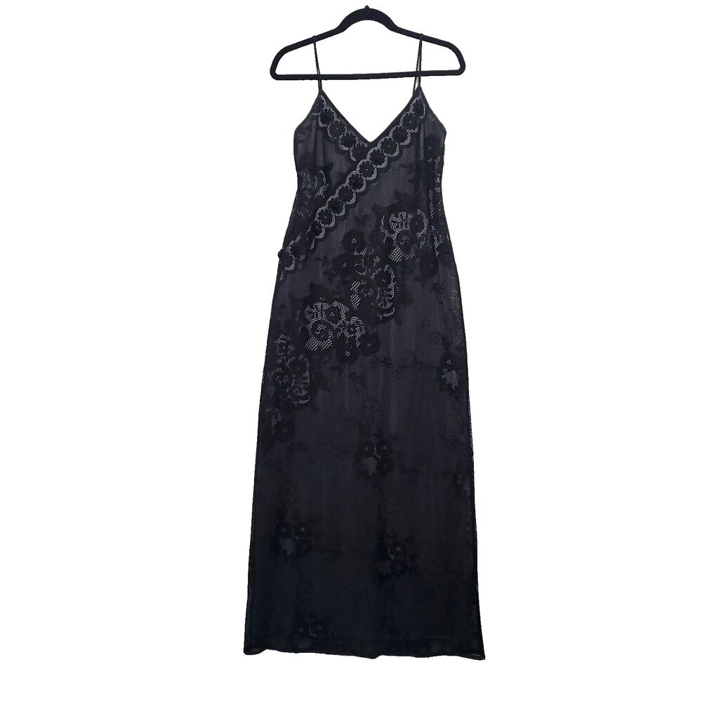 Y2K Whimsigoth Maxi Slip Dress Laundry Black Lace over gray satin 3D Ribbon rose - Picture 2 of 16